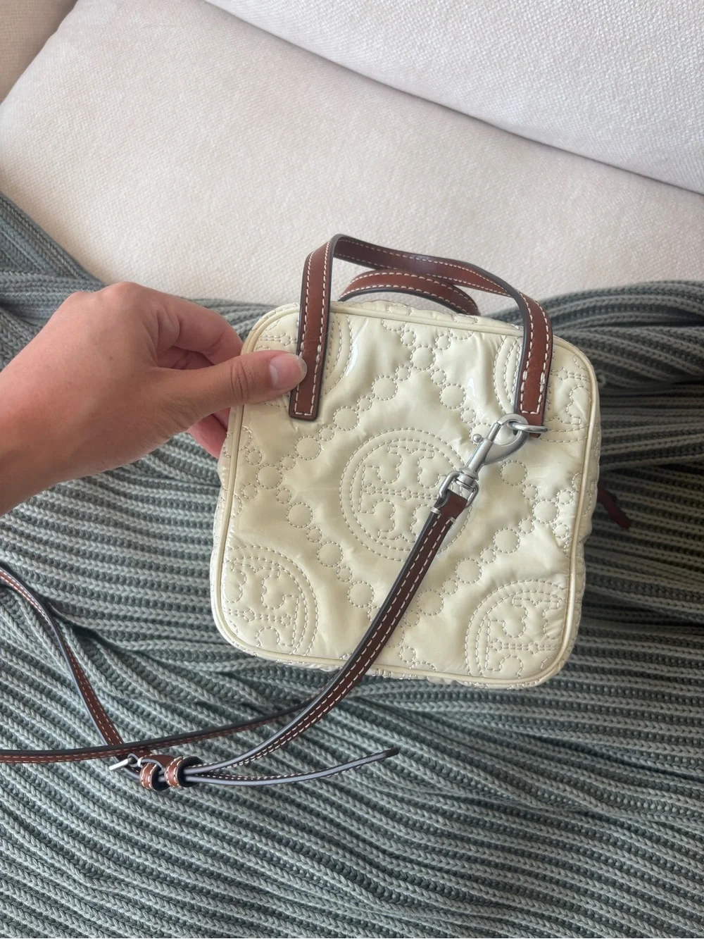 Tory Burch Cream Quilted Leather Cube bag